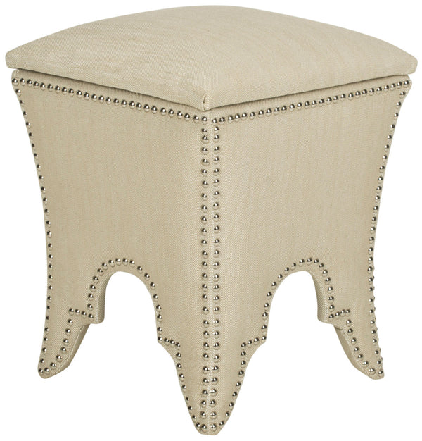 Safavieh Deidra Ottoman Silver Nail Heads Beige Wood Mixed Solid CA Foam Poly Fiber Stainless Steel Linen MCR4663J 683726382034