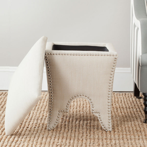 Safavieh Deidra Ottoman Silver Nail Heads Beige Wood Mixed Solid CA Foam Poly Fiber Stainless Steel Linen MCR4663J 683726382034