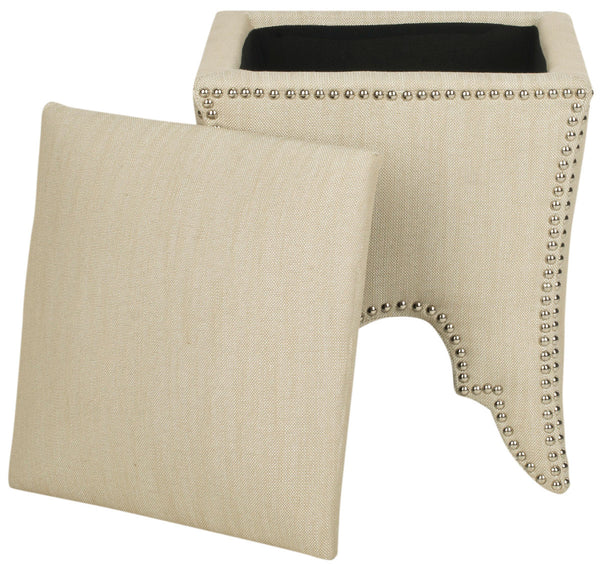 Safavieh Deidra Ottoman Silver Nail Heads Beige Wood Mixed Solid CA Foam Poly Fiber Stainless Steel Linen MCR4663J 683726382034