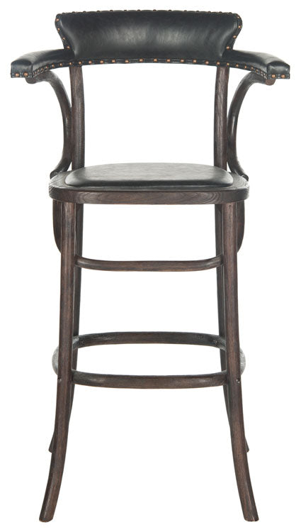 Safavieh Kenny Bar Stool Brass Nail Heads Antique Black Dark Umber Wood Oil Based Oak Stainless Steal PU MCR4687A 683726696643