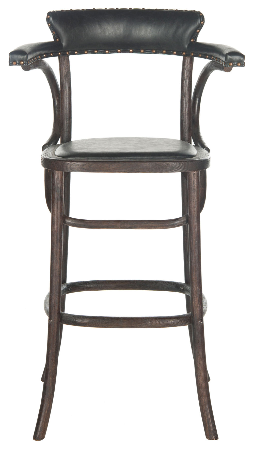 Safavieh Kenny Bar Stool Brass Nail Heads Antique Black Dark Umber Wood Oil Based Oak Stainless Steal PU MCR4687A 683726696643