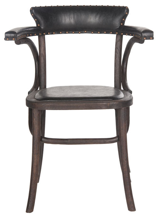 Safavieh Kenny Arm Chair 19"H 19''H Nail Heads Antique Black Dark Umber Wood Oil Based Oak Stainless Steal PU MCR4689A 683726696674