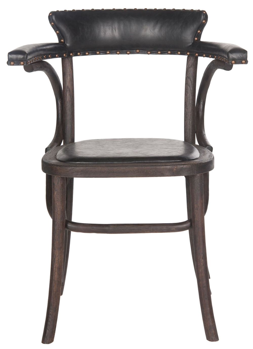Safavieh Kenny Arm Chair 19"H 19''H Nail Heads Antique Black Dark Umber Wood Oil Based Oak Stainless Steal PU MCR4689A 683726696674