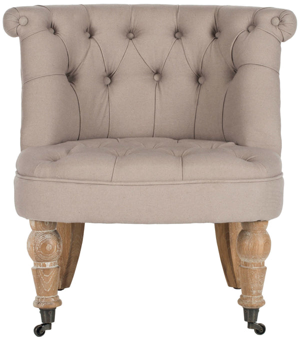 Safavieh Carlin Chair Tufted Taupe White Wash Wood NC Coating Birch CA Foam Poly Fiber Linen MCR4711B 683726392996