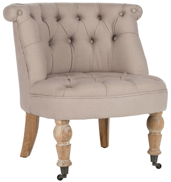 Safavieh Carlin Chair Tufted Taupe White Wash Wood NC Coating Birch CA Foam Poly Fiber Linen MCR4711B 683726392996