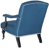 Safavieh Devona Arm Chair - Silver Nail Heads Steel Blue Black Wood NC Coating Birch CA Foam Poly Fiber Stainless Linen MCR4731A 683726696520