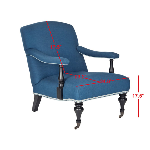 Safavieh Devona Arm Chair - Silver Nail Heads Steel Blue Black Wood NC Coating Birch CA Foam Poly Fiber Stainless Linen MCR4731A 683726696520