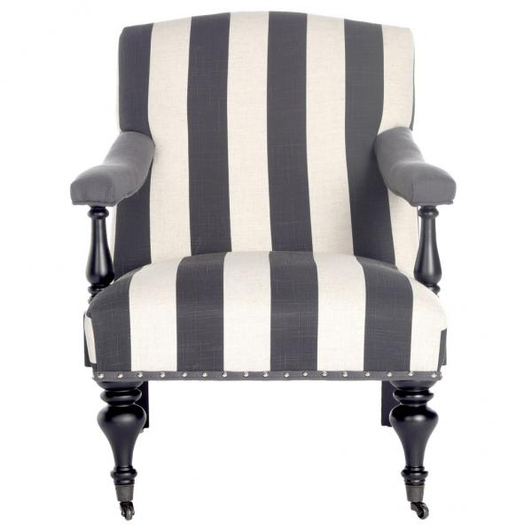 Safavieh Devona Arm Chair Awning Stripe Nail Heads Charcoal White Wood NC Coating Birch CA Foam Poly FiberSteelPolyester Linen MCR4731D 889048024151