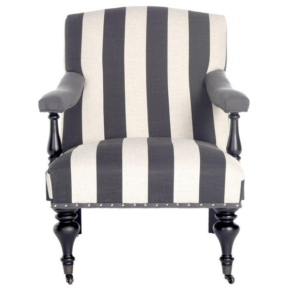 Safavieh Devona Arm Chair Awning Stripe Nail Heads Charcoal White Wood NC Coating Birch CA Foam Poly FiberSteelPolyester Linen MCR4731D 889048024151