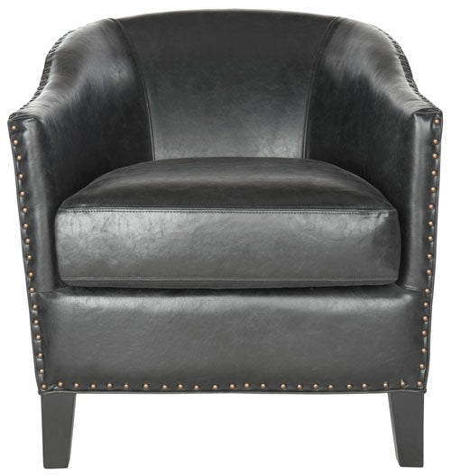 Safavieh Evander Club Chair - Brass Nail Heads Antique Black NC Coating Birch Plywood CA Foam Poly Fiber Stainless Steel PU MCR4732A 683726696582