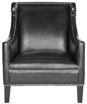 Safavieh Mckinley Club Chair Leather Nail Heads Antique Black NC Coating Birch Plywood CA Foam Poly Fiber Stainless Steel PU MCR4735A 683726697190