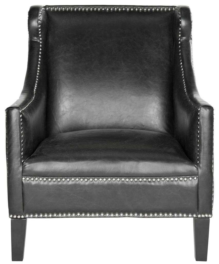 Safavieh Mckinley Club Chair Leather Nail Heads Antique Black NC Coating Birch Plywood CA Foam Poly Fiber Stainless Steel PU MCR4735A 683726697190