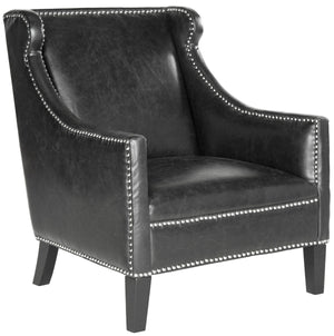 Safavieh Mckinley Club Chair Leather Nail Heads Antique Black NC Coating Birch Plywood CA Foam Poly Fiber Stainless Steel PU MCR4735A 683726697190