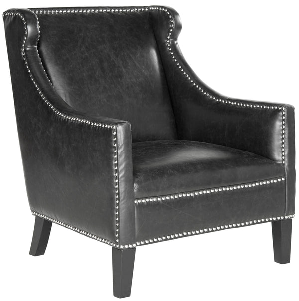 Safavieh Mckinley Club Chair Leather Nail Heads Antique Black NC Coating Birch Plywood CA Foam Poly Fiber Stainless Steel PU MCR4735A 683726697190