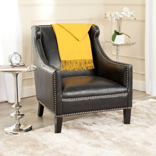 Safavieh Mckinley Club Chair Leather Nail Heads Antique Black NC Coating Birch Plywood CA Foam Poly Fiber Stainless Steel PU MCR4735A 683726697190