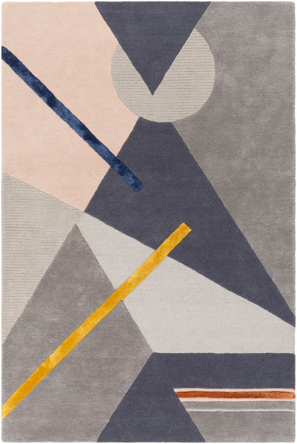 Mid Century MCY-2300 Modern Wool, Viscose Rug MCY2300-81012 Charcoal, Light Gray, Medium Gray, Dark Blue, Burnt Orange, Bright Yellow, Blush 80% Wool, 20% Viscose 8'10" x 12'