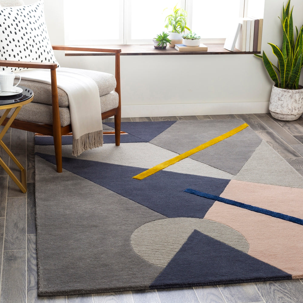 Mid Century MCY-2300 Modern Wool, Viscose Rug MCY2300-81012 Charcoal, Light Gray, Medium Gray, Dark Blue, Burnt Orange, Bright Yellow, Blush 80% Wool, 20% Viscose 8'10" x 12'