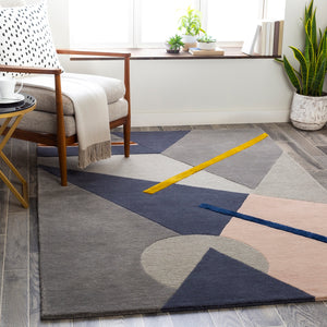 Mid Century MCY-2300 Modern Wool, Viscose Rug MCY2300-81012 Charcoal, Light Gray, Medium Gray, Dark Blue, Burnt Orange, Bright Yellow, Blush 80% Wool, 20% Viscose 8'10" x 12'