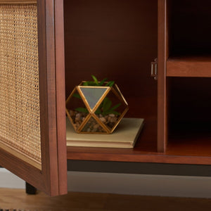 Zadie Coastal Chic Rattan Media Stand with Elegant Storage Shelves for Consoles and Decor