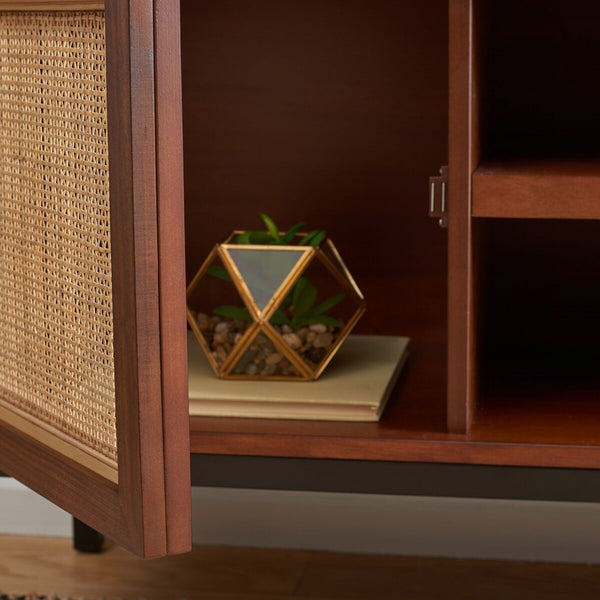 Zadie Coastal Chic Rattan Media Stand with Elegant Storage Shelves for Consoles and Decor