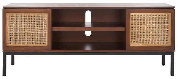 Zadie Coastal Chic Rattan Media Stand with Elegant Storage Shelves for Consoles and Decor