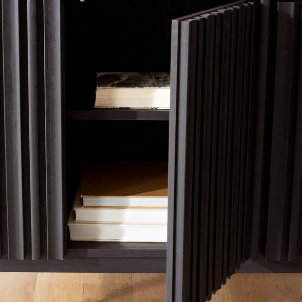 Helena Media Stand: Mid-Century Design with Carved Details to Elevate Your Entertainment Space Elegantly