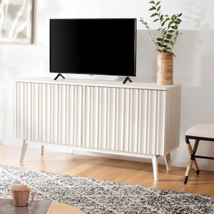 Helena Media Stand: Mid-Century Design with Carved Details to Elevate Your Entertainment Space Elegantly