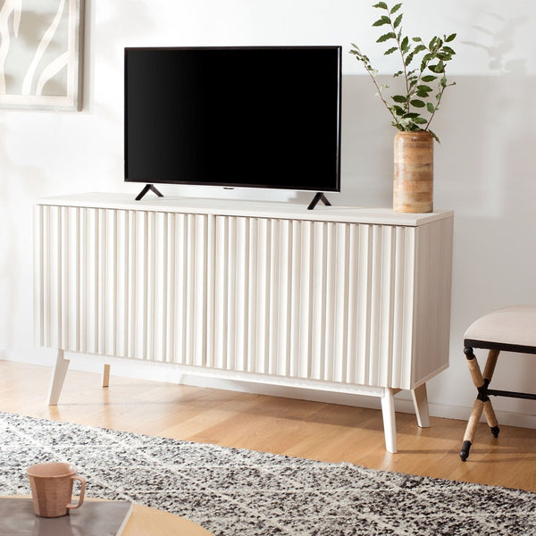 Helena Media Stand: Mid-Century Design with Carved Details to Elevate Your Entertainment Space Elegantly