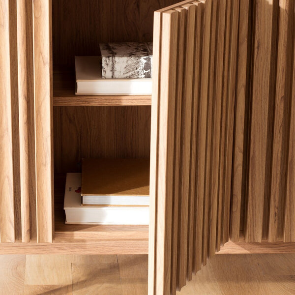 Helena Media Stand: Mid-Century Design with Carved Details to Elevate Your Entertainment Space Elegantly