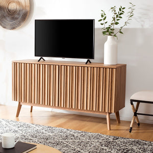 Helena Media Stand: Mid-Century Design with Carved Details to Elevate Your Entertainment Space Elegantly