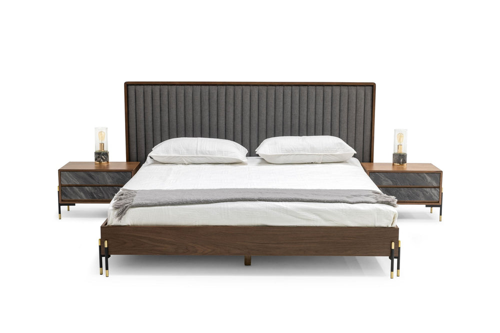 VIG Furniture Nova Domus Metcalf - Mid-Century Walnut & Grey Bed w/ Two Nightstands VGMABR-120-BRN-BED
