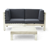Oana Outdoor Modular Acacia Wood Loveseat and Table Set with Cushions, Weathered Gray and Dark Gray Noble House