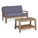 Grenada Loveseat and Coffee Table Set for Patio, Acacia Wood, Gray Finish with Dark Gray Outdoor Cushions Noble House