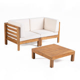 Oana Outdoor Modular Acacia Wood Loveseat and Table Set with Cushions, Teak and Beige Noble House
