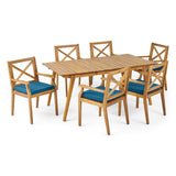 Mesa Outdoor 6 Seater Acacia Wood Dining Set with Cushions, Teak and Blue Noble House