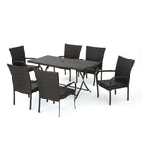 Noble House Neva Outdoor 7 Piece  Multibrown Wicker Dining Set with Foldable Table and Stacking Chairs