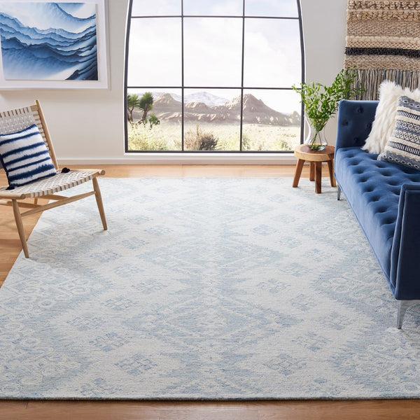 Micro-Loop 951  Hand Tufted 100% Fine Indian Wool Pile Rug Ivory / Blue