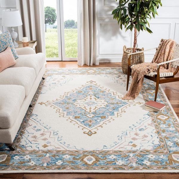 Micro-Loop 953  Hand Tufted 100% Fine Indian Wool Pile Rug Ivory / Blue