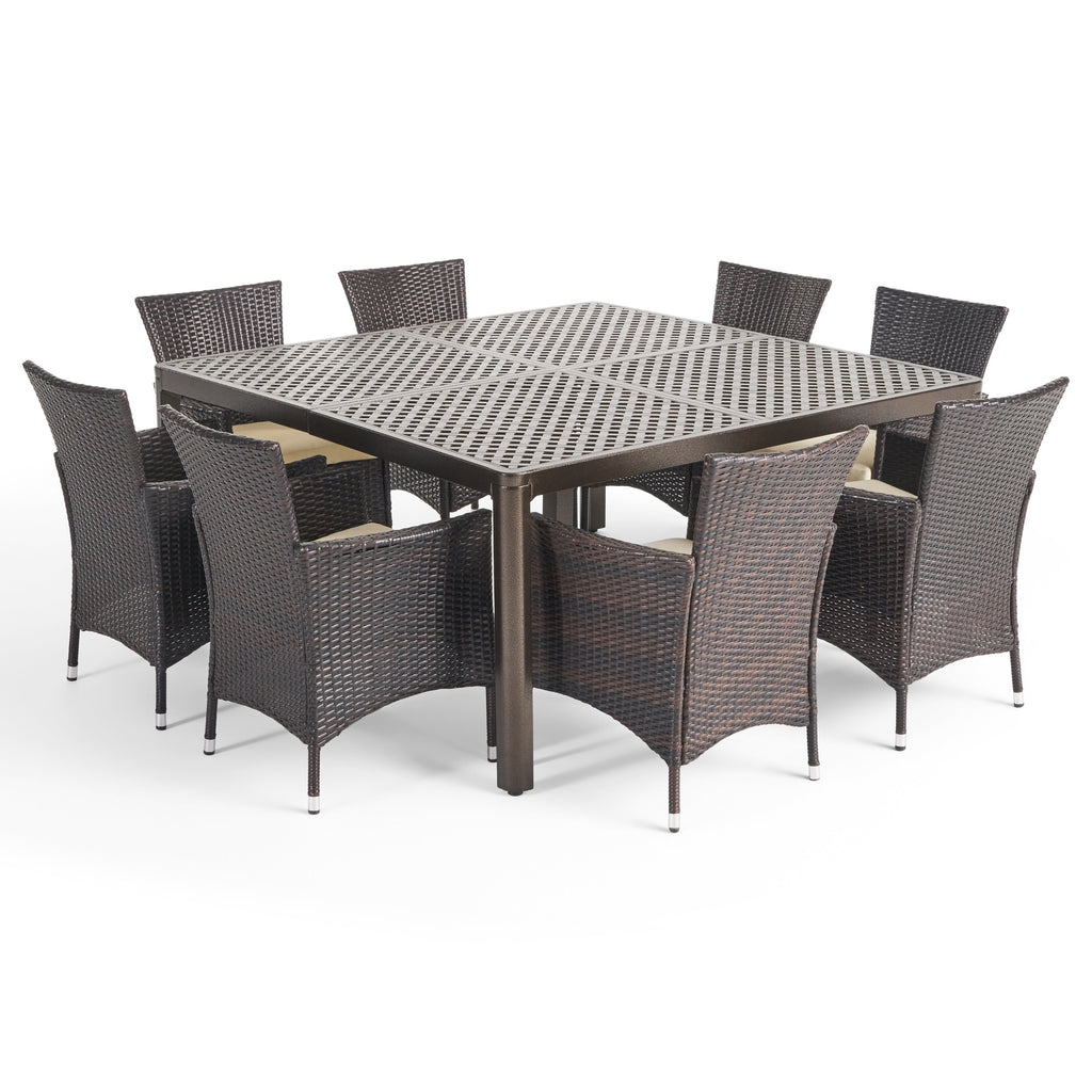 Bragdon Outdoor Aluminum and Wicker 8 Seater Dining Set, Gloss Black and Multibrown Noble House