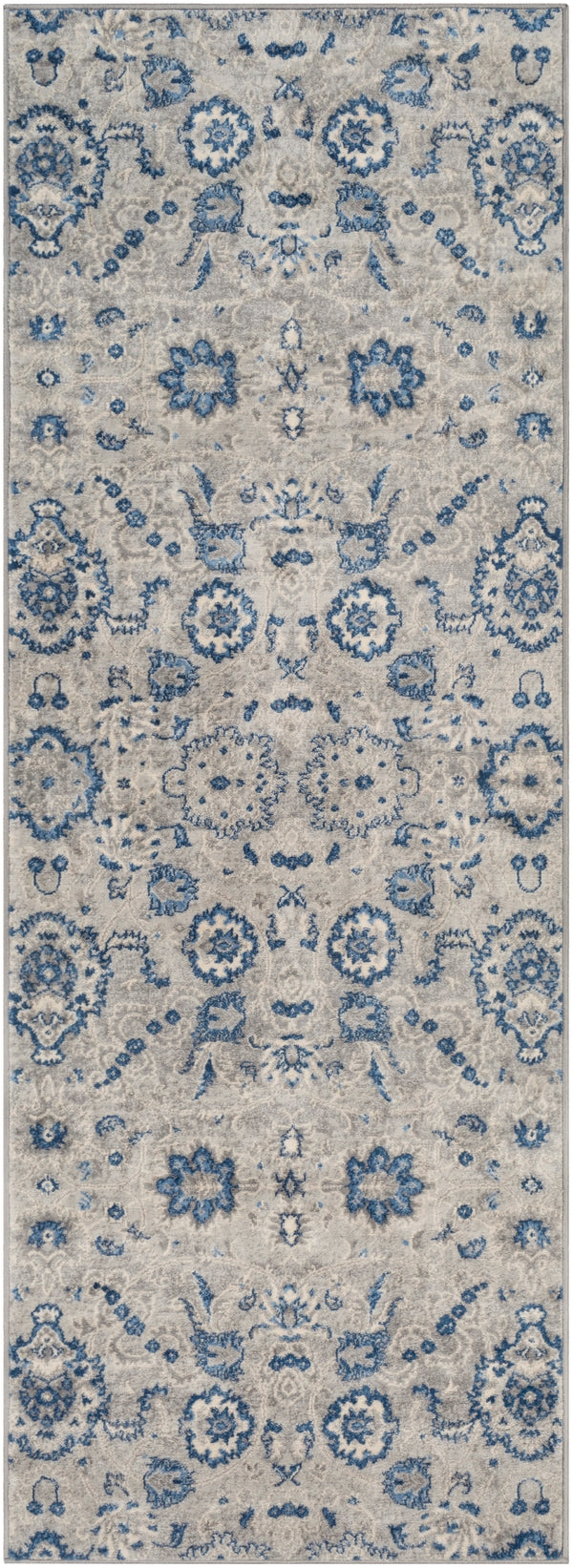 Monaco MOC-2308 Traditional Polypropylene Rug MOC2308-2773 Medium Gray, Silver Gray, Bright Blue, Navy, Cream 100% Polypropylene 2'7" x 7'3"
