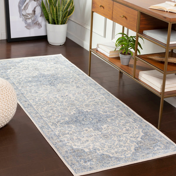 Monaco MOC-2313 Traditional Polypropylene Rug MOC2313-2773 Bright Blue, Cream, Silver Gray, Medium Gray 100% Polypropylene 2'7" x 7'3"