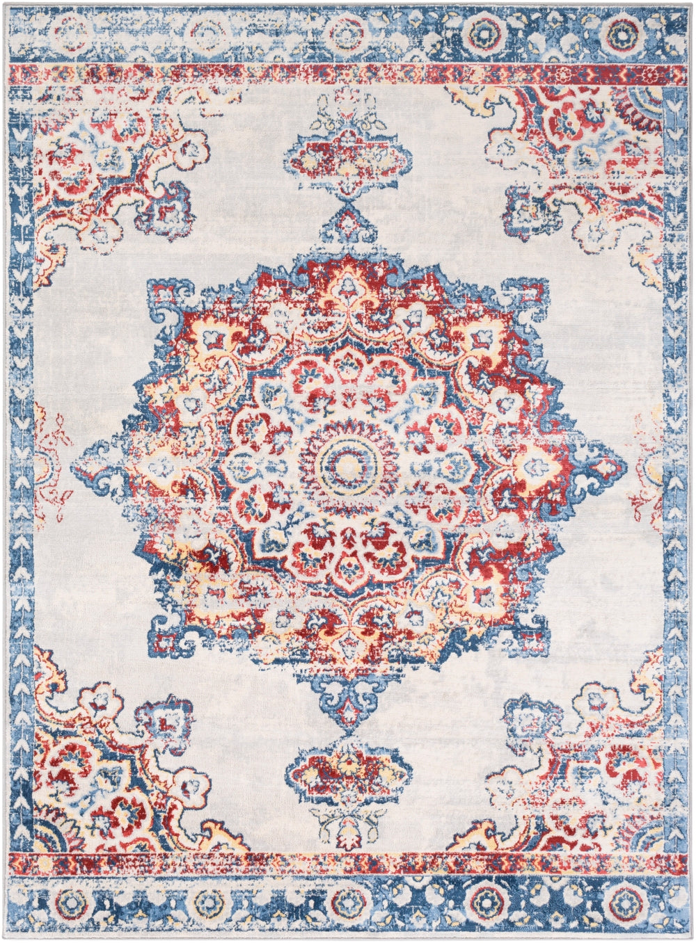 Monaco MOC-2319 Traditional Polypropylene Rug MOC2319-810123 Dark Blue, Denim, Dark Red, Butter, Coral, Silver Gray, Cream 100% Polypropylene 8'10" x 12'3"