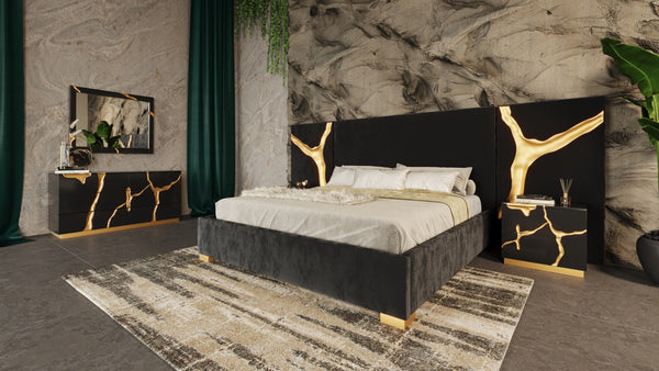 VIG Furniture Modrest Aspen - Eastern King Glam Black Velvet & Gold Bed VGVCBD1801-BLK-BED-EK