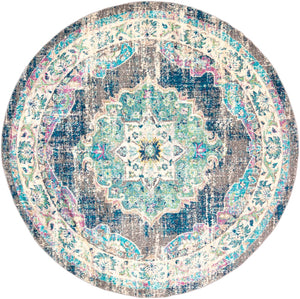 Morocco MRC-2304 Traditional Polypropylene Rug MRC2304-710RD Navy, Teal, Pale Blue, Charcoal, Fuchsia, Light Gray, Grass Green, Bright Orange, Saffron, Bright Yellow, Camel, Beige, White 100% Polypropylene 7'10" Round