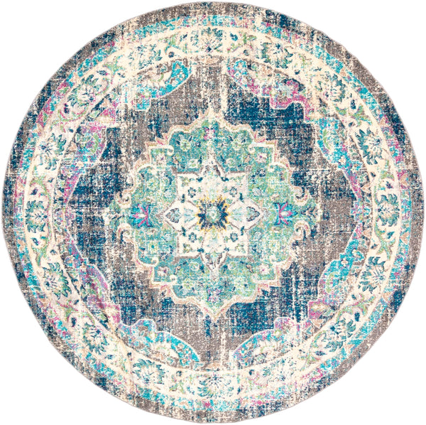 Morocco MRC-2304 Traditional Polypropylene Rug MRC2304-710RD Navy, Teal, Pale Blue, Charcoal, Fuchsia, Light Gray, Grass Green, Bright Orange, Saffron, Bright Yellow, Camel, Beige, White 100% Polypropylene 7'10" Round