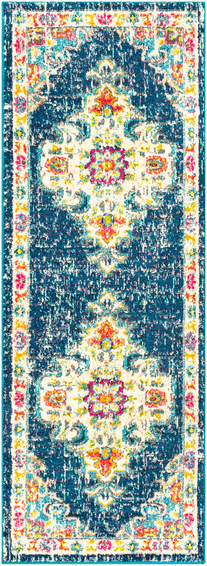 Morocco MRC-2308 Traditional Polypropylene Rug MRC2308-2773 Teal, Navy, Pale Blue, Fuchsia, Bright Orange, Saffron, Bright Yellow, Camel, Coral, Charcoal, Light Gray, Dark Brown, Beige, White 100% Polypropylene 2'7" x 7'3"