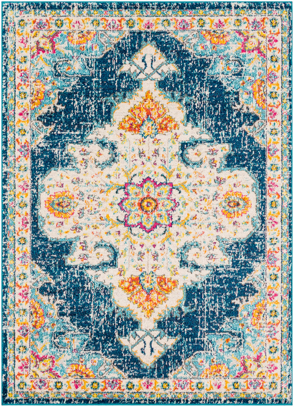 Morocco MRC-2308 Traditional Polypropylene Rug MRC2308-5373 Teal, Navy, Pale Blue, Fuchsia, Bright Orange, Saffron, Bright Yellow, Camel, Coral, Charcoal, Light Gray, Dark Brown, Beige, White 100% Polypropylene 5'3" x 7'3"