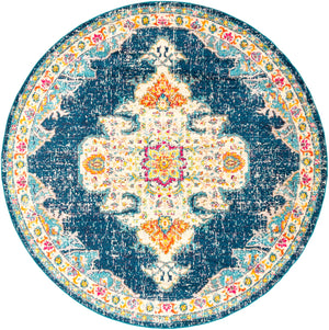 Morocco MRC-2308 Traditional Polypropylene Rug MRC2308-710RD Teal, Navy, Pale Blue, Fuchsia, Bright Orange, Saffron, Bright Yellow, Camel, Coral, Charcoal, Light Gray, Dark Brown, Beige, White 100% Polypropylene 7'10" Round