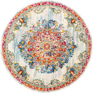 Morocco MRC-2324 Traditional Polypropylene Rug MRC2324-710RD Teal, Pale Blue, Bright Orange, Bright Red, Saffron, Bright Yellow, Navy, Fuchsia, Light Gray, Grass Green, Charcoal, Camel, Beige, White 100% Polypropylene 7'10" Round