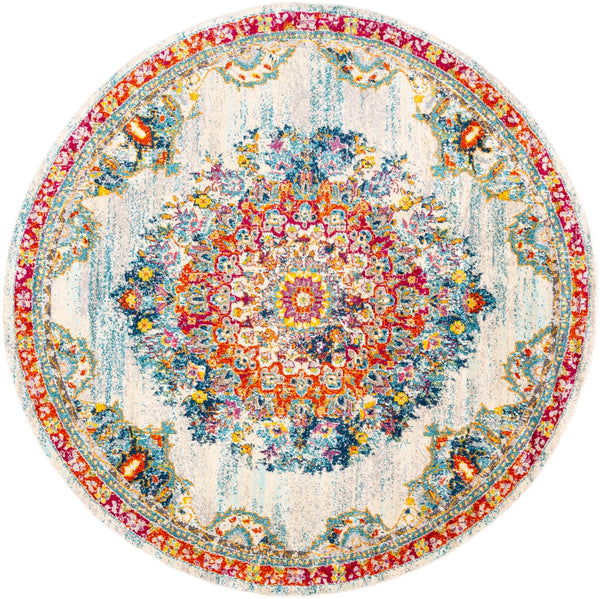 Morocco MRC-2324 Traditional Polypropylene Rug MRC2324-710RD Teal, Pale Blue, Bright Orange, Bright Red, Saffron, Bright Yellow, Navy, Fuchsia, Light Gray, Grass Green, Charcoal, Camel, Beige, White 100% Polypropylene 7'10" Round
